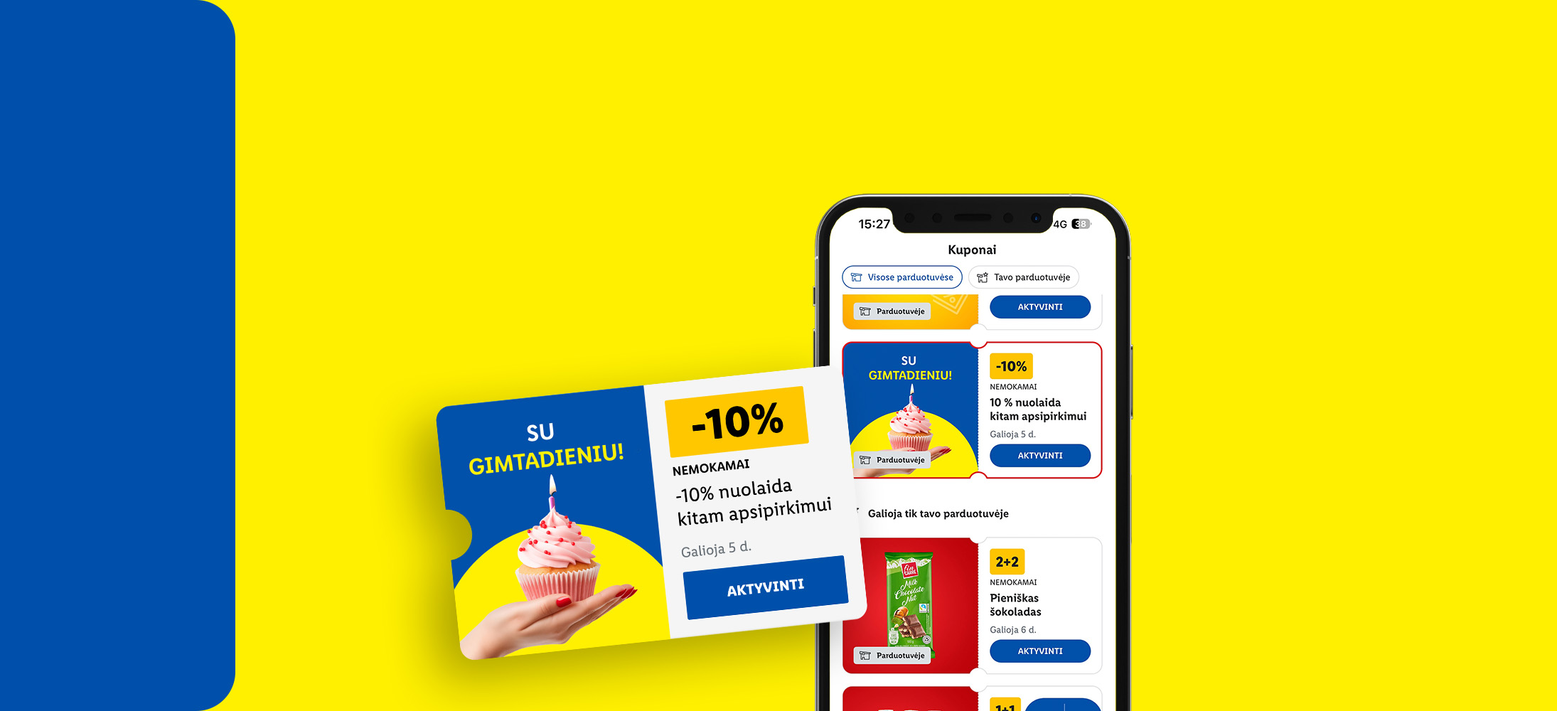 Mobilioji programėlė su gimtadienio nuolaida ir šokolado pasiūlymu.