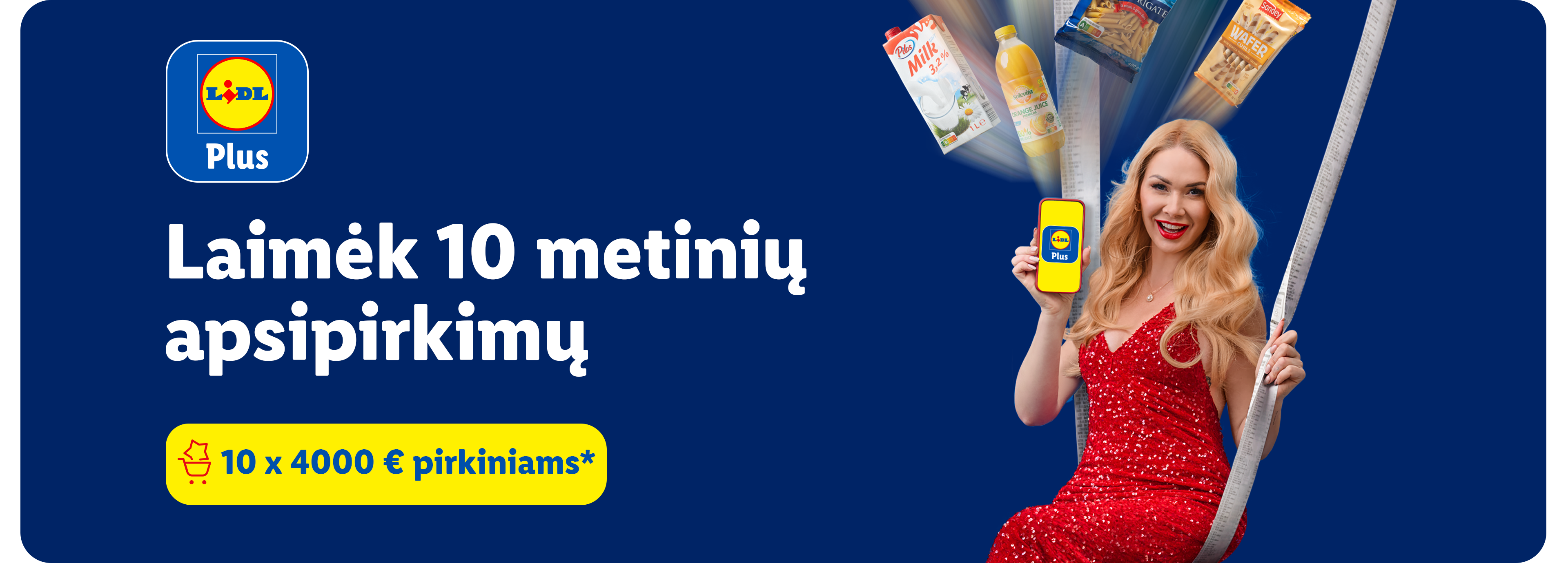 Moteris su raudona suknele laimi 10 metinių apsipirkimų, po 4000 € kiekvienam.