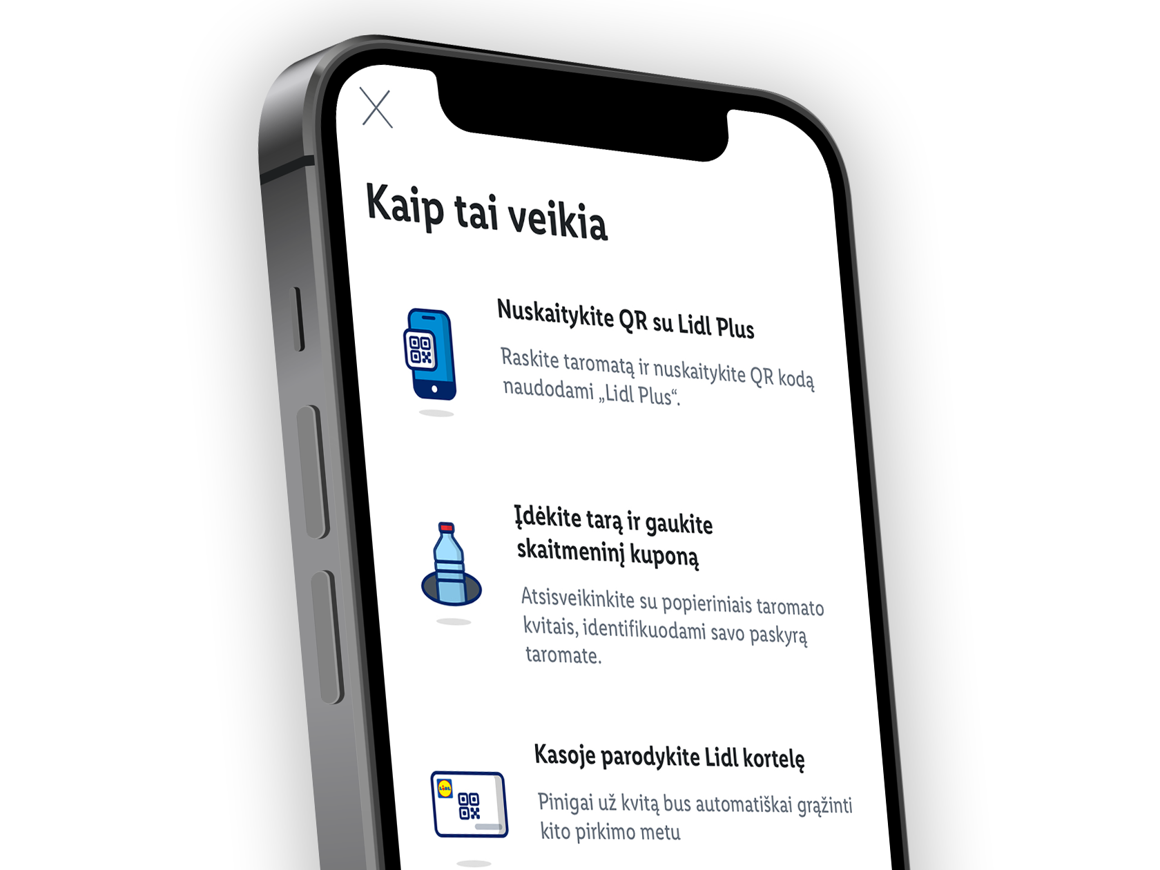 Lidl Plus programėlės ekranas su instrukcijomis, kaip veikia taromatas ir kuponai.