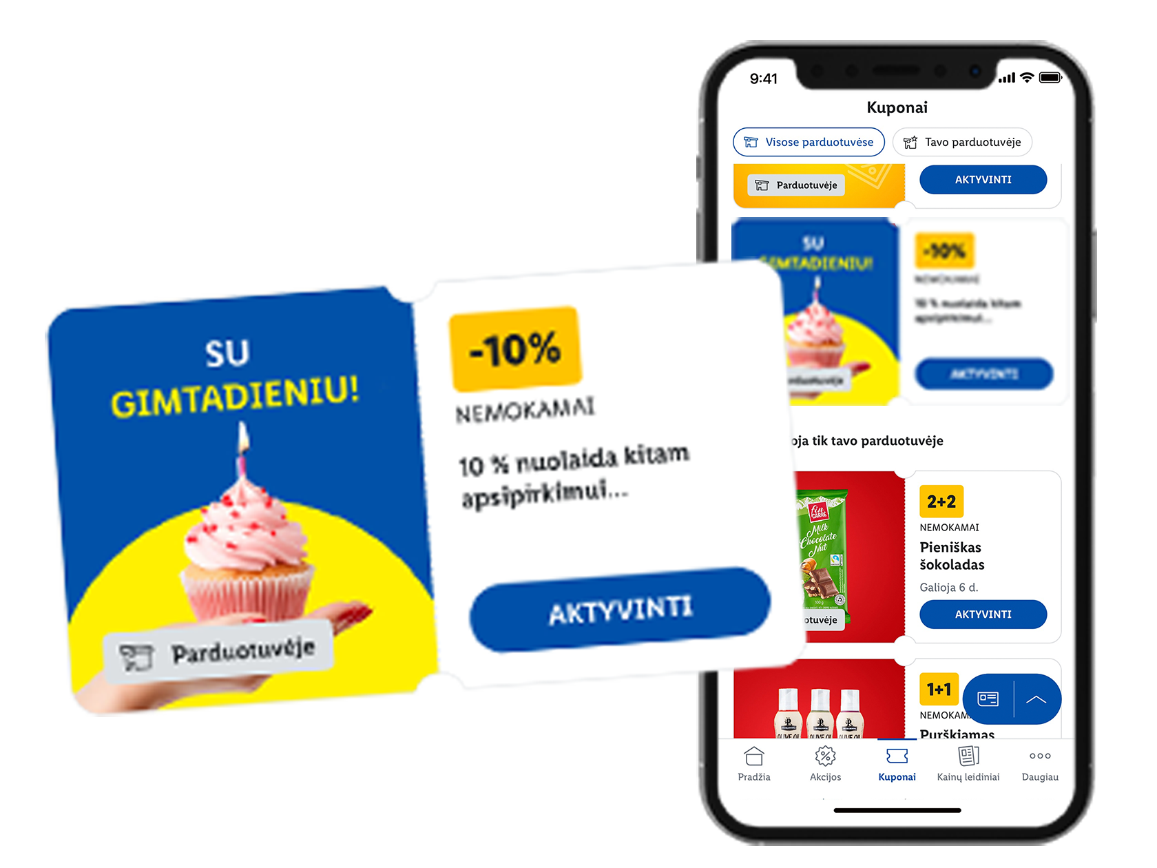 Mobilioji programėlė su kuponais, įskaitant gimtadienio nuolaidą ir šokolado pasiūlymus.