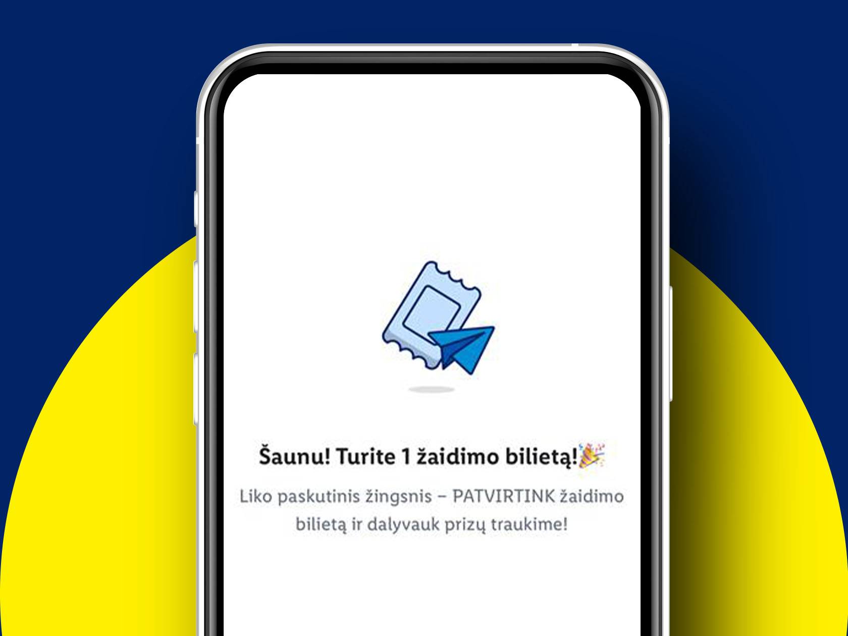 Išmaniojo telefono ekranas su žaidimo bilieto patvirtinimo pranešimu.