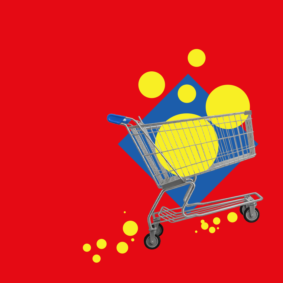 Pirkinių vežimėlis su geltonais burbulais ir mėlynu rombu raudoname fone.
