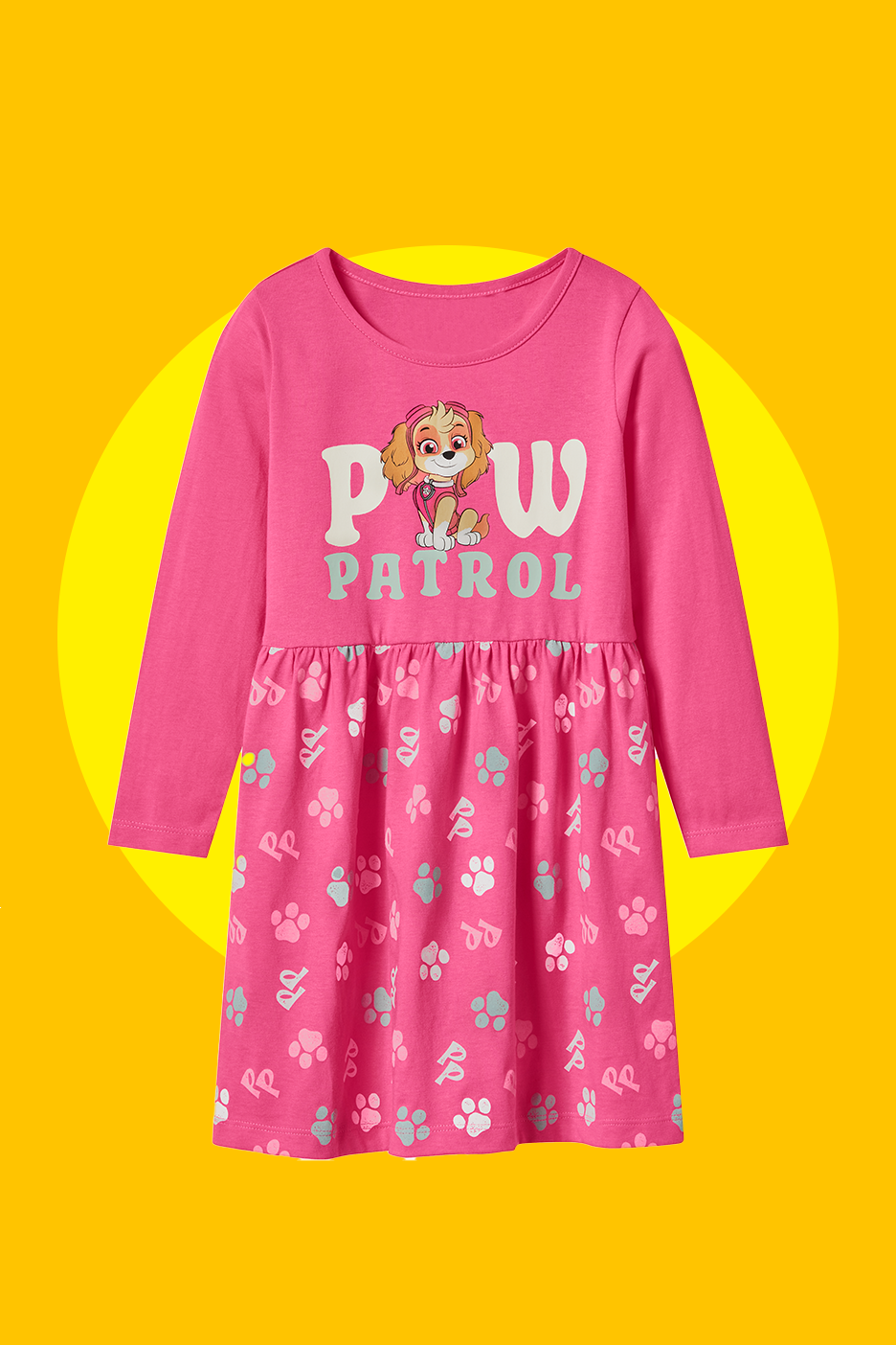 Rožinė mergaitiška suknelė ilgomis rankovėmis su šuniuko ir letenėlių raštais.