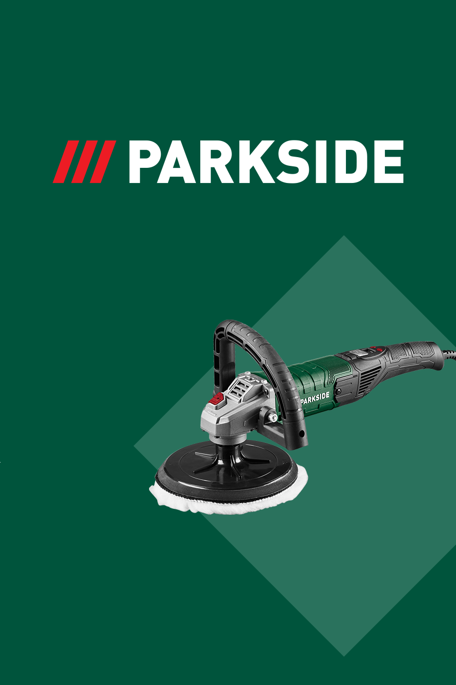 Poliravimo mašina su baltu poliravimo padu ant tamsiai žalio fono su šviesesniais žalios spalvos trikampiais.