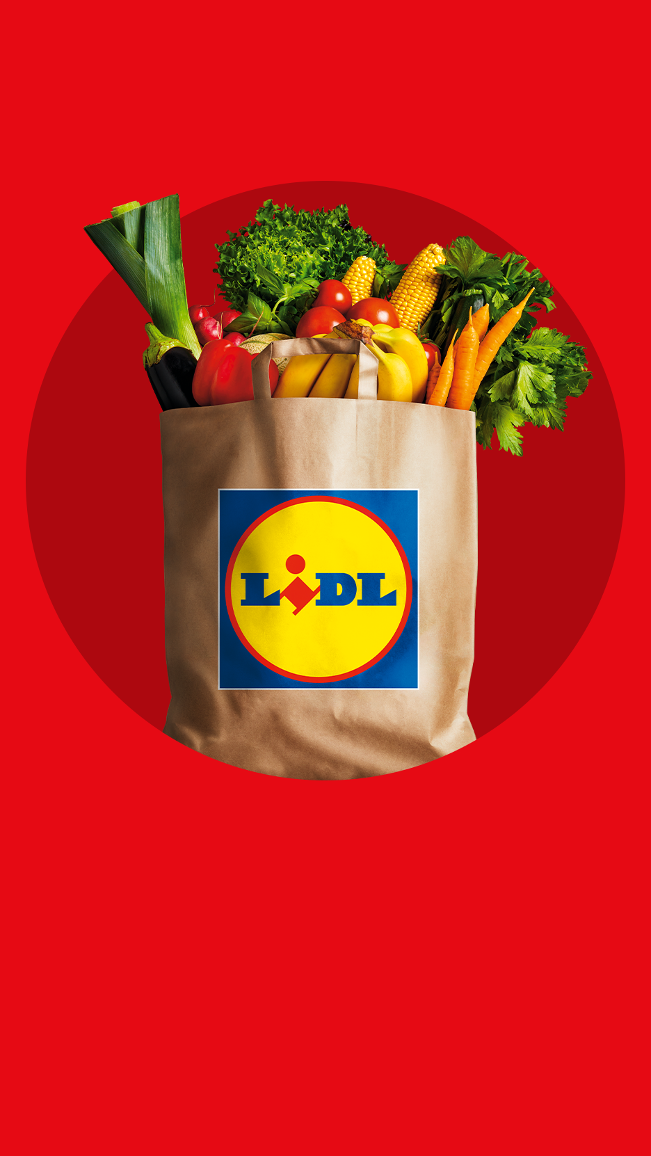 Popierinis pirkinių maišelis su šviežiomis daržovėmis ir vaisiais, su Lidl logotipu, raudoname fone.