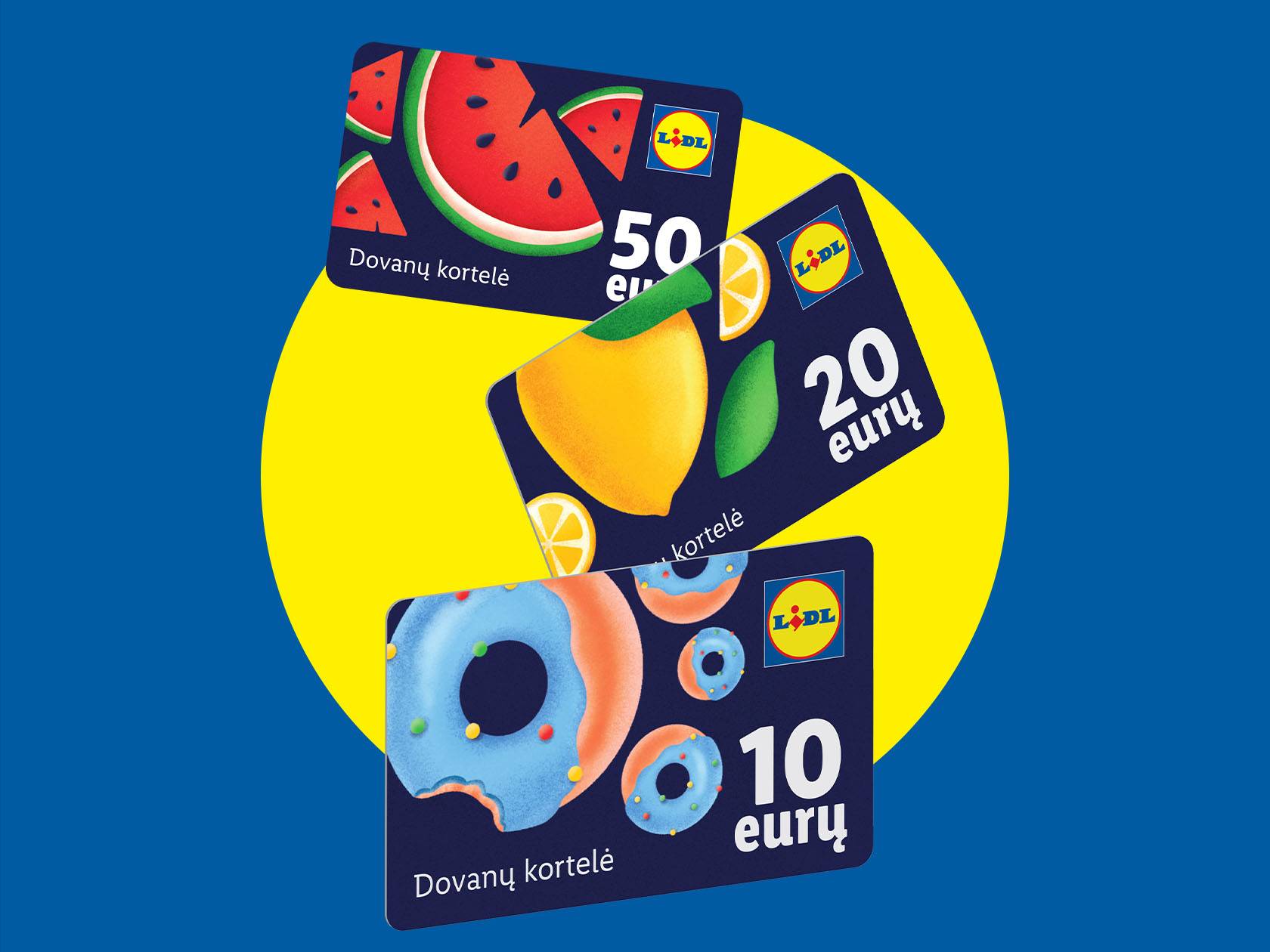 Dovanų kortelės su arbūzų, citrinų ir spurgų motyvais, kurių vertė 50, 20 ir 10 eurų.