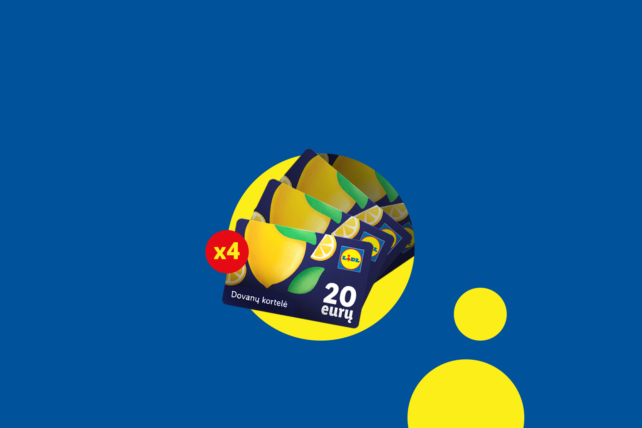 Keturios dovanų kortelės po 20 eurų su citrinų motyvais, mėlyname fone su geltonais apskritimais.